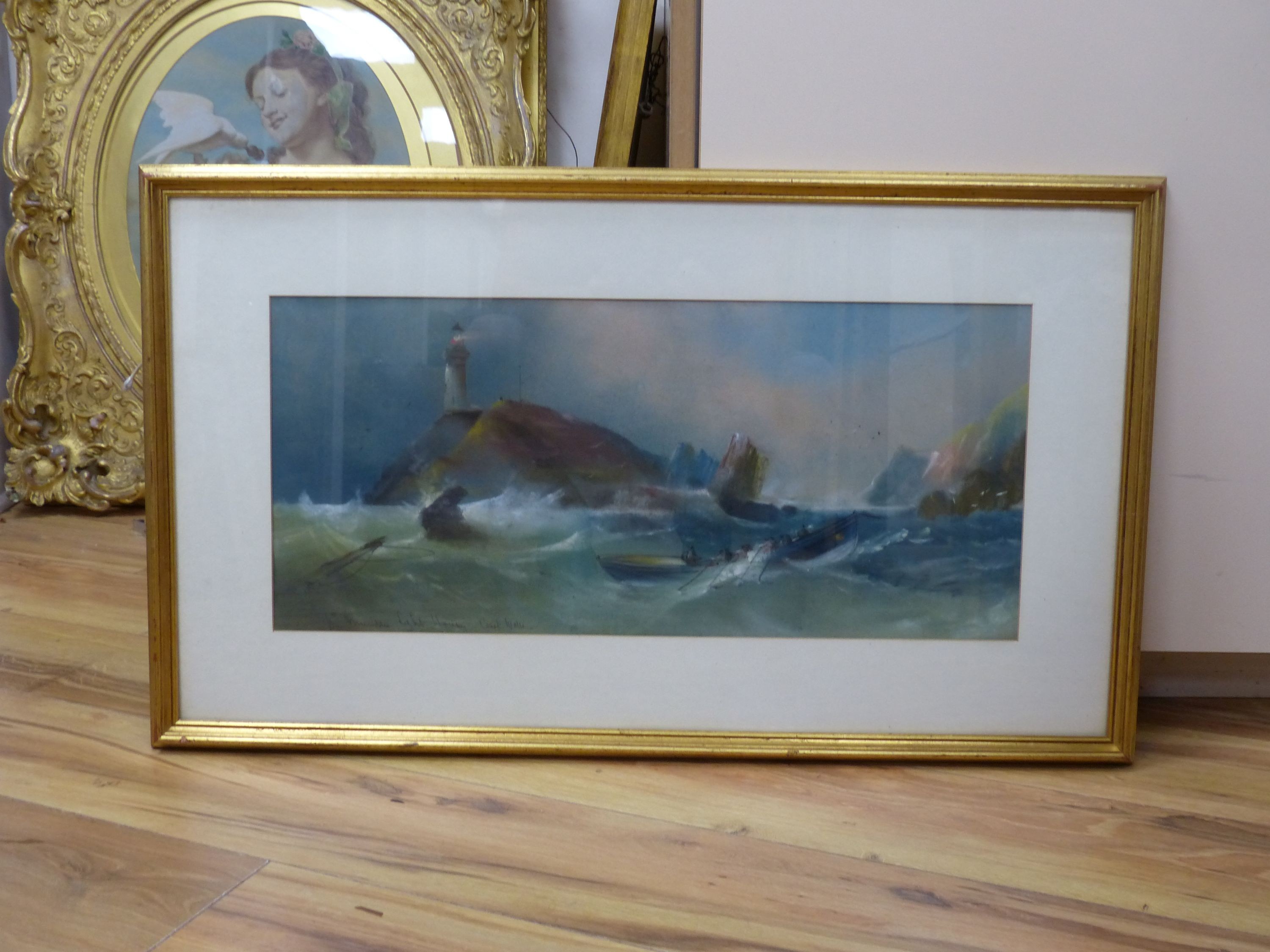 English School c.1900, pastel, 'The Mumbles Lighthouse ...', 25 x 56cm